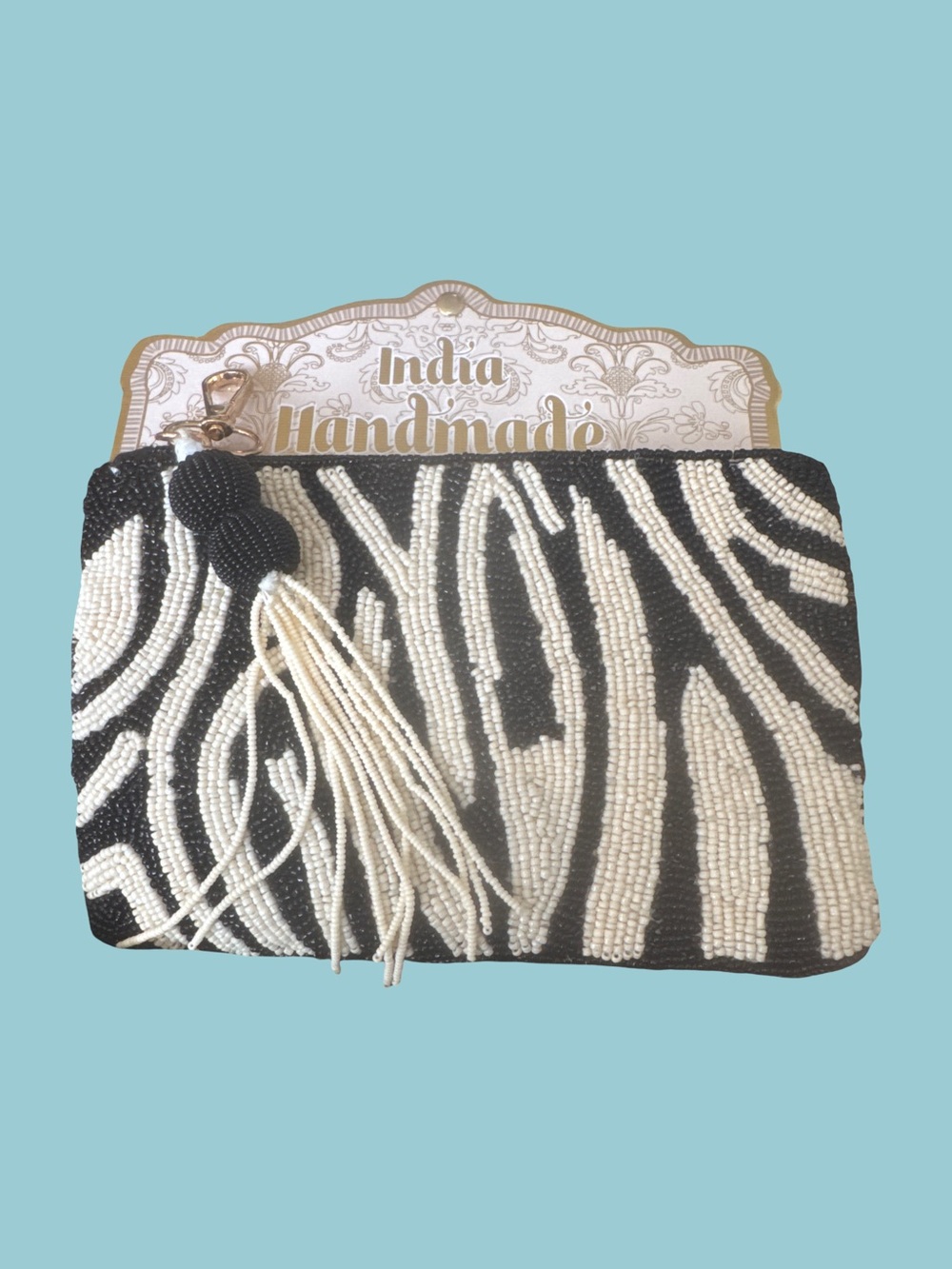 Handmade Black & White Beaded Clutch Bag